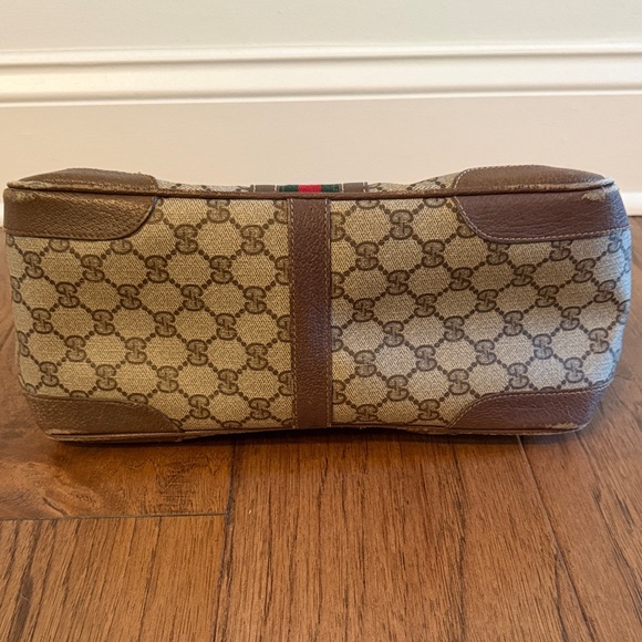 Vintage Gucci Boston Bag Beige and Brown Canvas Handbag with Green-Red Stripe - Picture 6 of 11